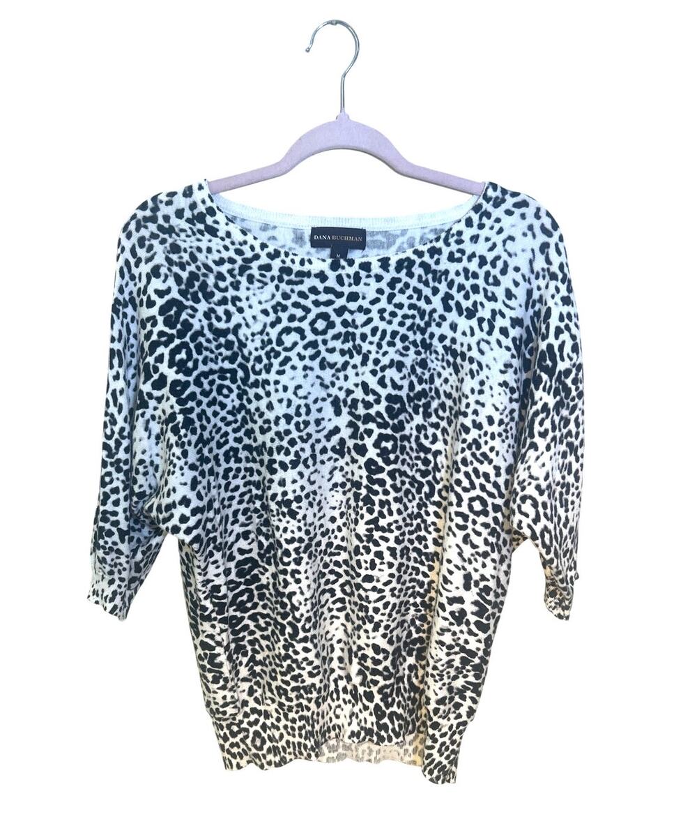 Dana Buchman Black White Leopard Animal Print Dolman Sleeve Sweater